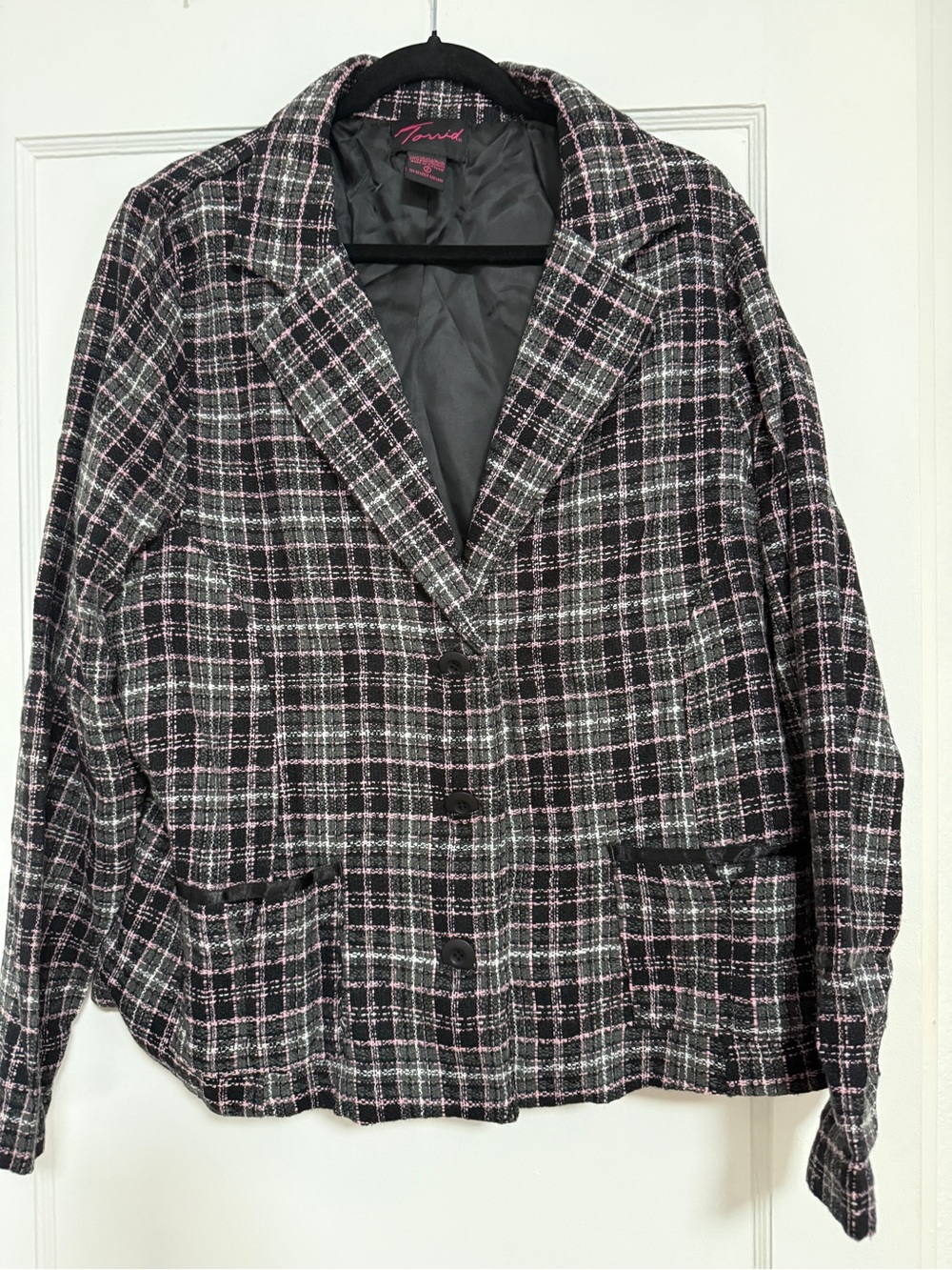 Torrid Black & Pink Plaid Tweed Women's Blazer Jacket